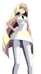  1girl :3 bangs bare_arms blonde_hair breasts closed_mouth dress from_below full_body green_eyes hand_on_hip highres long_hair looking_at_viewer looking_down lusamine_(pokemon) medium_breasts pants pokemon pokemon_(game) pokemon_sm short_dress simple_background sleeveless sleeveless_dress smile solo standing tsukishiro_saika very_long_hair white_background white_dress white_pants 