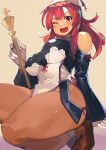  1girl bare_shoulders breasts clothing_cutout harusame-r holding holding_scepter la_pucelle long_hair long_sleeves looking_at_viewer medium_breasts mole mole_under_eye one_eye_closed open_mouth prier red_eyes red_hair scepter shoulder_cutout smile solo thighs 