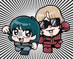  2boys :3 :d bkub blonde_hair blue_boots blue_eyes blue_jacket blue_pants blush_stickers boots chibi chibi_only facing_viewer full_body gloves green_hair gundam highres jacket kamille_bidan looking_at_viewer male_focus multiple_boys open_mouth pants quattro_bajeena red_boots red_gloves red_jacket red_pants short_hair sleeveless sleeveless_jacket smile standing standing_on_one_leg star_(symbol) star_in_eye sunglasses symbol_in_eye white_background zeta_gundam 