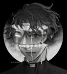  1boy binary black_eyes black_hair blood_from_forehead broken_skull curtained_hair evie_(baoxiao) expressionless glowing glowing_eye greyscale heterochromia highres male_focus monochrome moon_behind_head omniscient_reader&#039;s_viewpoint portrait short_hair solo symbolism white_blood white_eyes yoo_joonghyuk 