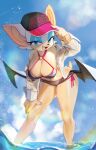  1girl absurdres animal_ears bat_wings bikini black_bikini blue_eyes blue_sky breasts cloud day furry furry_female hand_on_own_thigh hat highres large_breasts looking_at_viewer low_wings ocean open_mouth rouge_the_bat sky smile solo sonic_(series) standing swimsuit wet wings yuio58ok 
