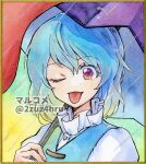  1girl 2zuz4hru ;p artist_name bangs blue_hair blue_vest buttons dress looking_at_viewer one_eye_closed painting_(medium) portrait red_eyes short_hair solo tatara_kogasa tongue tongue_out touhou traditional_media twitter_username umbrella vest watercolor_(medium) white_dress 