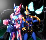  1girl 2boys absurdres aqua_eyes blue_armor blue_eyes blue_footwear blue_gloves bodysuit boots boxing_gloves breasts brother_and_sister clenched_hand cobra_(animal) cobra_genome driver_(kamen_rider) gloves glowing glowing_eyes heterochromia highres kamen_rider kamen_rider_evil kamen_rider_jeanne kamen_rider_revi kamen_rider_revice kangaroo kangaroo_genome libera_driver medium_breasts multiple_boys pink_armor pink_gloves ponytail red_eyes reiei_8 siblings thigh_boots thighhighs tokusatsu yellow_gloves 