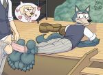  &lt;3 2020 balls barefoot beastars bird_dog blue_body blue_fur blush bodily_fluids bottomwear brown_eyes canid canine canis claws clothed clothing cum detailed_background digital_media_(artwork) domestic_dog doritohead dot_eyes duo erection feet fingers foot_fetish foot_play footjob fur genital_fluids genitals hi_res hunting_dog inside jack_(beastars) labrador legoshi_(beastars) long_tail lying male male/male mammal multicolored_body multicolored_fur on_front open_bottomwear open_clothing open_pants pants penis retriever sex sharp_teeth signature simple_eyes smile standing tan_body tan_fur teeth toes tongue tongue_out two_tone_body two_tone_fur wolf 