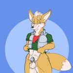  2021 anthro ascot balls bodily_fluids bottomless canid canine chastity_cage chastity_device clothed clothing clothing_lift fox fox_mccloud front_view fur genital_fluids genitals holding_clothing holding_object holding_shirt holding_topwear inner_ear_fluff looking_at_viewer male mammal nintendo penis pihlaja precum presenting presenting_balls presenting_genitalia presenting_penis shirt shirt_lift smile smirk solo standing star_fox topwear tuft vest video_games 