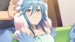  1boy 1girl artist_request bangs blue_feathers blue_hair blue_wings blush game_cg hair_between_eyes harpy monster_girl monster_musume_no_iru_nichijou monster_musume_no_iru_nichijou_online naked_towel official_art papi_(monster_musume) smile towel towel_on_head wet winged_arms wings 