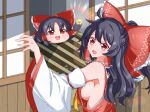  2girls black_hair blush bow box breasts coin detached_sleeves donation_box from_side hair_bow hair_tubes hakurei_reimu indoors long_hair looking_at_viewer looking_back medium_breasts multiple_girls open_mouth red_bow red_eyes sideboob sliding_doors tasuku_(tusktouhou4) touhou wide_sleeves yukkuri_shiteitte_ne 