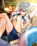  1boy absurdres ahoge beach_chair blue_eyes crossed_legs day ensemble_stars! highres jacket male_focus open_clothes open_jacket outdoors pineapple_(a30930s) sena_izumi_(ensemble_stars!) short_hair shorts sitting solo sunglasses swimsuit white_hair 