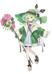  1girl :d bag bangs black_choker black_shorts braid brown_ribbon buckle choker commentary dress eyebrows_visible_through_hair flower frilled_hat frills full_body fur-trimmed_jacket fur_trim green_hair green_headwear green_jacket hair_over_shoulder hat hat_ribbon highres holding holding_staff jacket long_hair long_sleeves looking_at_viewer open_clothes open_jacket open_mouth original pink_flower purple_eyes purple_ribbon ribbon sandals short_dress shorts shorts_under_dress shoulder_bag simple_background smile solo staff standing twin_braids wasabi60 white_background white_dress 