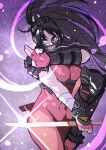  1girl armor bandaged_arm bandages black_hair breasts brown_bodystocking cleavage cowboy_shot e-kaki fighting_stance fingerless_gloves gloves grey_eyes hair_tie highres holding holding_sword holding_weapon knee_pads large_breasts long_hair mask motoyui mouth_mask ponytail short_sword shoulder_armor skull_ornament solo soulcalibur sword taki_(soulcalibur) weapon 