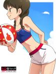  1girl amano_natsume awa ball beachball blush braid brown_eyes brown_hair closed_mouth cloud collarbone long_hair navel shorts smile solo swimsuit twin_braids youkai_watch 