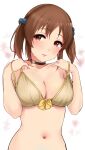  1girl bikini bikini_top_only blush bra breasts brown_hair choker cleavage collarbone front-tie_bra full-face_blush head_tilt highres idolmaster idolmaster_cinderella_girls light_smile looking_at_viewer medium_breasts murabito_c navel o-ring o-ring_choker simple_background solo steam sweatdrop swimsuit totoki_airi twintails underwear untied_bra white_background yellow_bra 