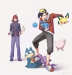  2boys azurill backwards_hat bangs baseball_cap brown_hair capri_pants cat_teaser closed_mouth commentary_request cowlick ethan_(pokemon) flipped_hair goggles goggles_on_headwear hat holding igglybuff jacket jako_(boke_poke) long_sleeves male_focus medium_hair multiple_boys munchlax pants pichu pokemon pokemon_(creature) pokemon_adventures purple_pants red_jacket shoes silver_(pokemon) standing toxel white_background 