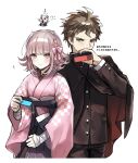  1boy 1girl ? absurdres ahoge alternate_hair_ornament animal animal_ears badge bandaged_arm bandages bangs black_cape black_jacket black_pants blush bow braid brown_hair cape checkered_clothes checkered_kimono covering_mouth cropped_legs danganronpa_(series) danganronpa_2:_goodbye_despair eating food hair_bow hakama highres hinata_hajime holding jacket japanese_clothes kimono looking_at_viewer medium_hair mouse mouse_ears nanami_chiaki pants pink_kimono shiny shiny_hair smile sp0i0ppp translation_request 