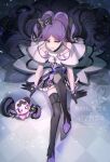  1girl artist_name bare_arms bare_shoulders black_gloves black_hair black_socks boots braid bubble_skirt cure_kiss dress earrings frilled_dress frilled_ribbon frills gingham_dress gloves gradient_hair hair_ribbon hair_tie half_gloves hand_on_ground heart-shaped_lock high_heels jewelry kimi_to_idol_precure knee_boots kneehighs long_hair looking_up meroron_(civilian)_(precure) meroron_(fairy)_(precure) meroron_(precure) multicolored_hair multiple_earrings nimokakunimoto off_shoulder parted_bangs patterned pink_hair precure puffy_dress puffy_short_sleeves puffy_sleeves purple_dress purple_eyes ribbon short_dress short_sleeves signature sitting skirt smirk socks solo solo_focus stuffed_animal stuffed_toy twin_braids twintails twitter_username very_long_hair watermark 