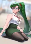  1girl alternate_costume bangs bespectacled blurry blurry_background breasts burnt_green_tea commentary fire_emblem fire_emblem:_the_blazing_blade glasses green_eyes green_hair green_nails hair_ornament highres id_card large_breasts long_hair looking_at_viewer lyn_(fire_emblem) nail_polish office_lady pantyhose pencil_skirt ponytail skirt smile solo very_long_hair watch wristwatch 