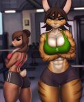  2022 anthro aozee big_breasts breasts butt crossed_arms duo female gym hi_res lagomorph leporid lidded_eyes looking_at_viewer mammal muscular muscular_anthro muscular_female rabbit unamused 