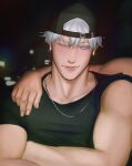  1boy alternate_costume aransmind arm_on_another's_shoulder artist_name backwards_hat baseball_cap black_shirt blue_eyes closed_mouth colored_eyelashes crossed_arms earrings eyebrow_piercing face_piercing flashlight gojou_satoru hat highres ibispaint_(medium) jewelry jujutsu_kaisen light_smile looking_at_viewer muscular muscular_male necklace night one_eye_closed piercing road shirt street t-shirt tight_clothes tight_shirt white_eyelashes white_hair 