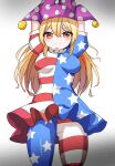  1girl american_flag_dress american_flag_pants arms_up artist_request bangs blonde_hair blush breasts closed_mouth clownpiece commentary_request dress eyebrows_visible_through_hair gradient gradient_background grey_background hair_between_eyes hands_up hat highres jester_cap long_hair looking_at_viewer neck_ruff pants polka_dot puffy_short_sleeves puffy_sleeves purple_headwear red_eyes short_sleeves small_breasts smile solo standing star_(symbol) star_print striped striped_dress striped_pants touhou white_background 