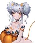  1girl ankkoyom ass bangs blush breasts choker demon_horns demon_tail double_bun eyebrows_visible_through_hair eyelashes grey_hair hair_bun halloween highres horns large_breasts looking_at_viewer mole mole_on_breast mole_on_neck object_hug original pointy_ears pumpkin signature solo tail white_background 