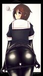  1girl absurdres ahoge ass ass_focus blue_eyes bodysuit brown_hair cowboy_shot highres kantai_collection katsuten latex latex_bodysuit looking_at_viewer looking_back panties_over_bodysuit sailor_collar school_uniform serafuku shigure_(kancolle) shiny shiny_clothes solo undressing 