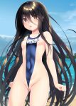  1girl :o absurdres ass_visible_through_thighs bare_arms bare_shoulders beach black_eyes black_hair blue_sky blue_swimsuit breasts cowboy_shot day hair_between_eyes hero-c-164 highres long_hair looking_at_viewer name_tag nipples ocean outdoors partially_visible_vulva school_swimsuit shakugan_no_shana shana sky small_breasts solo summer swimsuit very_long_hair wedgie 