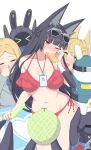  3girls 3others absurdres agent_gulliver_(zenless_zone_zero) animal_ear_fluff animal_ears bangboo_(zenless_zone_zero) bikini black_hair blonde_hair blood blush closed_eyes closed_mouth covering_own_mouth eating eyewear_on_head fang food fox_ears fox_girl fruit green_eyes grey_shirt hair_ornament hairclip heart heart-shaped_pupils highres holding hoshimi_miyabi jishui3q looking_at_another looking_to_the_side melon multiple_girls multiple_others navel nosebleed one_eye_closed open_mouth popsicle red_bikini red_eyes shirt stomach sunglasses surrounded sweat swimsuit symbol-shaped_pupils wet zenless_zone_zero 