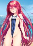  1girl :o absurdres ass_visible_through_thighs bare_arms bare_shoulders beach blue_sky blue_swimsuit breasts cowboy_shot day hair_between_eyes hero-c-164 highres long_hair looking_at_viewer name_tag nipples ocean outdoors partially_visible_vulva red_eyes red_hair school_swimsuit shakugan_no_shana shana sky small_breasts solo summer swimsuit very_long_hair wedgie 