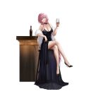  1girl absurdres black_dress bottle breasts cleavage counter cup dress drinking_glass elysia_(honkai_impact) fur high_heels highres honkai_(series) honkai_impact_3rd hs_(user_hvww8443) large_breasts pink_hair pointy_ears purple_eyes sitting solo stool white_background wine_bottle wine_glass 