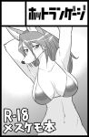  2017 anthro big_breasts bikini biped blush breasts canid canine cheek_tuft cleavage closed_smile clothed clothing collarbone digital_media_(artwork) eyebrow_through_hair eyebrows facial_tuft female fur hair hair_between_eyes hi_res kazuhiro kemono long_hair mammal monochrome raised_arms snout solo swimwear translucent translucent_hair tuft 