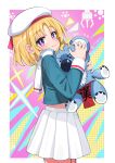  1girl :3 absurdres ben-day_dots beret blonde_hair blush game_center_shoujo_to_ibunka_kouryuu green_shirt hat highres holding holding_stuffed_toy jtmika lily_baker looking_at_viewer midriff_peek outside_border pink_background purple_eyes red_loincloth school_uniform screentones shirt short_hair skirt smile striped_sleeve_cuffs stuffed_koala stuffed_toy sweatdrop white_skirt white_sleeve_cuffs 