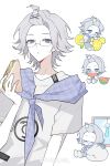  1boy alternate_costume animal_hair_ornament aotsuki_eito bangs_pinned_back blue_scarf chibi chibi_inset chinese_commentary closed_eyes drinking food fruit glasses grey_hair grey_shirt hair_ornament hairpin highres holding holding_food holding_fruit holding_juice_box holding_sandwich lemon lemon_slice looking_at_viewer male_focus multiple_views purple_eyes rabbit ringed_eyes sandwich scarf shirt short_hair simple_background the_hundred_line_-last_defense_academy- watermark white_background wind_chime window xinjinjumin961425577940 
