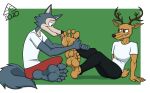  2020 anthro antlers barefoot beastars blue_body blue_fur brown_body brown_eyes brown_fur canid canine canis cervid cervine digital_media_(artwork) doritohead dot_eyes duo feet fingers foot_fetish foot_lick foot_play fur hi_res horn legoshi_(beastars) licking long_tail louis_(beastars) male male/male mammal multicolored_body multicolored_fur red_deer short_tail signature simple_background simple_eyes sitting smile tan_body tan_fur teeth toes tongue tongue_out two_tone_body two_tone_fur wolf 