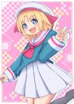  1girl :d beret black_socks blonde_hair blue_eyes blush boss9331 game_center_shoujo_to_ibunka_kouryuu green_shirt hat highres lily_baker looking_at_viewer neckerchief pink_background pixelated_background pleated_skirt red_neckerchief sailor_collar school_uniform shirt short_hair skirt smile socks striped_sleeve_cuffs v white_sailor_collar white_skirt white_sleeve_cuffs 