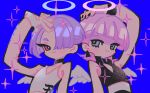  2boys :3 angel angel_wings arm_up arms_up black_bodysuit black_choker black_nails blunt_bangs bodysuit bracelet brothers choker closed_mouth commentary dot_nose earrings eyelashes hair_over_one_eye halo hashtag-only_commentary jewelry looking_at_another looking_to_the_side male_focus multicolored_eyes multiple_boys nail_polish one_eye_covered panty_&amp;_stocking_with_garterbelt piercing pink_hair polyester_(psg) polyurethane_(psg) purple_eyes purple_hair reed siblings side-by-side sleeveless smile sparkle sparkling_aura upper_body white_bodysuit white_wings wings 