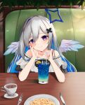  1girl absurdres amane_kanata angel angel_wings bare_shoulders blue_hair booth_seating casual coffee coffee_cup collarbone colored_inner_hair cup disposable_cup drinking_glass drinking_straw feathered_wings food fork grey_hair hair_ornament hairclip halo highres hololive knife long_hair looking_at_viewer multicolored_hair pasta plate purple_eyes smile solo sty table virtual_youtuber wings 