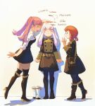  annette_fantine_dominic black_legwear blush boots boots_removed dress english_commentary fire_emblem fire_emblem:_three_houses frown full_body garreg_mach_monastery_uniform gloating green_little height_conscious height_mark hilda_valentine_goneril long_hair lysithea_von_ordelia measuring orange_hair pink_hair standing sweatdrop thighhighs twintails white_hair 