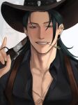  1boy alternate_costume aransmind artist_name black_hair black_shirt chest_harness cow cowboy cowboy_hat ear_piercing getou_suguru gun harness hat highres holding holding_gun holding_weapon ibispaint_(medium) jujutsu_kaisen light_smile long_hair looking_at_viewer mouth_hold over_shoulder partially_unbuttoned piercing plug_(piercing) purple_eyes scar scar_across_eyebrow scar_on_chest scar_on_face shirt stalk_in_mouth teeth weapon weapon_over_shoulder white_background zoom_layer 