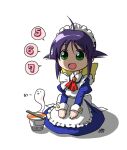  1girl ahoge andou_mahoro android anime_coloring apron archived_source artist_name ascot back_bow bad_link blue_dress blue_sleeves border bow brooch buttoned_cuffs buttons chopsticks closed_eyes collared_shirt counting cup_ramen dress frilled_apron frills full_body gainax gem gold_buttons green_eyes hair_bow jewelry juliet_sleeves large_bow len_(a-7) long_sidelocks long_sleeves mahoromatic maid maid_apron maid_headdress open_mouth orange_gemstone puffy_sleeves purple_hair red_ascot robot_girl shaded_face shadow shirt sidelighting sidelocks signature simple_background sitting sleeve_cuffs solo speech_bubble translation_request triangle_mouth waist_bow white_background white_border white_headdress white_sleeve_cuffs wing_collar 