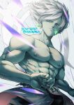  1boy abs absurdres closed_mouth colored_skin dragon_ball dragon_ball_super earrings fused_zamasu green_skin halo highres hydeover9000 jewelry male_focus muscular muscular_male pants pectorals potara_earrings solo topless_male torn_clothes white_hair 