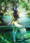  2022 4_toes 5_fingers anthro black_hair breasts canid canine clothed clothing day detailed_background digital_media_(artwork) elkir eyebrows eyelashes feet female fingers forest fox grass hair hi_res mammal outside partially_submerged plant solo standing toes tree 