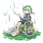  1girl bike_shorts black_shorts closed_mouth commentary explosher_(splatoon) green_eyes green_hair grey_jacket highres ink ink_storm_(splatoon) ink_tank_(splatoon) jacket long_hair looking_up octoling octoling_girl octoling_player_character rain shoes short_eyebrows shorts sitting smile solo splatoon_(series) splatoon_3 symbol-only_commentary tartarte_tatin tentacle_hair thick_eyebrows white_background white_shoes 