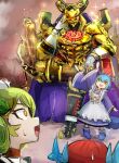  1boy 3girls apron blue_hair cape crossed_legs dragon_girl dragon_horns dragon_tail dress duel_monster eldlich_the_golden_lord gold_armor green_hair hand_up hatano_kiyoshi helmet highres horns kitchen_dragonmaid laundry_dragonmaid long_sleeves maid_apron multiple_girls parlor_dragonmaid purple_hair red_eyes red_hair shoes short_hair sitting sparkle sweatdrop tail waving_arm white_apron wide_sleeves yellow_eyes yu-gi-oh! 
