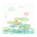  animal_focus border closed_eyes cloud commentary_request flower full_body highres kox_hsl lily_(flower) lily_pad no_humans outdoors painting_(medium) pikachu pokemon pokemon_(creature) poliwag pond solo traditional_media translation_request twitter_username u_u water watercolor_(medium) white_background white_border 