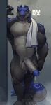  2022 abs anthro balls biceps blue_glans blue_tongue claws crocodilian digital_media_(artwork) dripping_wet feet genitals glans hi_res kuma_drw looking_at_viewer male muscular muscular_male penis pupils reptile scalie sharp_teeth signature slit_pupils solo standing teeth tongue tongue_out towel_on_shoulder 