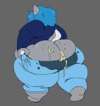  absurd_res animal_humanoid anthro bigbun_3 blue_hair bodily_fluids bun-e butt canid canid_humanoid canine canine_humanoid canis clothing cum cum_between_cheeks cum_drip cum_dripping_from_ass cum_on_butt cum_stain dripping fur genital_fluids grey_body grey_fur hair hi_res humanoid jacket looking_away male mammal mammal_humanoid oblivious overweight overweight_anthro overweight_male pulling_pants_up solo stained_clothing stained_pants tail topwear walking wolf wolf_humanoid 