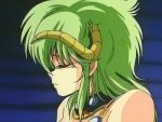  1980s_(style) 1girl animated animated_gif bare_shoulders black_eyes character_profile choker curled_horns green_hair horns jewelry johji_manabe kahm lowres necklace non-web_source official_art oni open_mouth outlanders retro_artstyle screencap_(anime) smile turning_head 