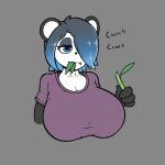  anthro bamboo big_breasts blue_highlights breasts cleavage clothed clothing conditional_dnp eating female giant_panda hair hair_over_eye hi_res highlights_(coloring) leaf mammal one_eye_obstructed quin-nsfw shirt smile solo suzu_(quin-nsfw) t-shirt topwear ursid 