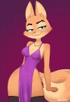  2022 anthro breasts canid canine clothed clothing cubedcoconut diane_foxington dreamworks dress female fingers fox gold_(metal) gold_jewelry gold_necklace hi_res jewelry legwear looking_at_viewer mammal necklace piercing pink_nose simple_background smile solo the_bad_guys 