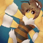 4_arms accessory anthro arthropod blush brown_hair clothing dark_sclera female glowyskull hair hair_accessory hair_tie hi_res hug_request humanoid hymenopteran insect maylene_bea_(glowyskull) multi_arm multi_limb neck_tuft pattern_clothing reaching_towards_viewer solo striped_clothing stripes tuft